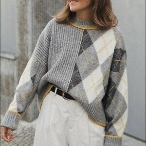 H&M Gray & Cream Argyle Crewneck Sweater with Yellow Trim